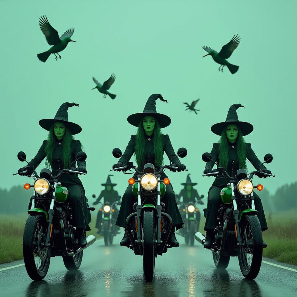 Witches on Flying Bikes in Green Rainy Sky