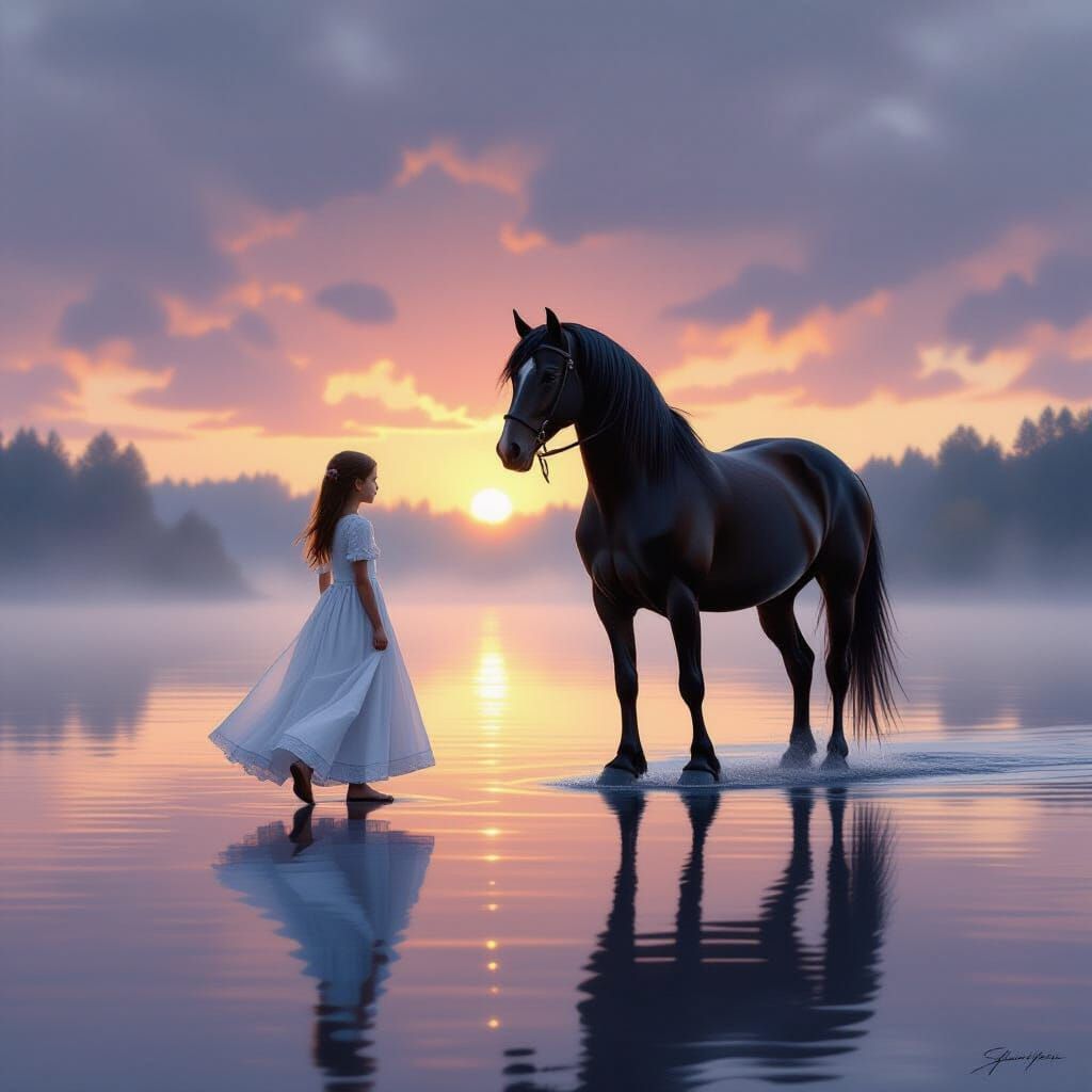 Girl and Black Stallion Walking on Water