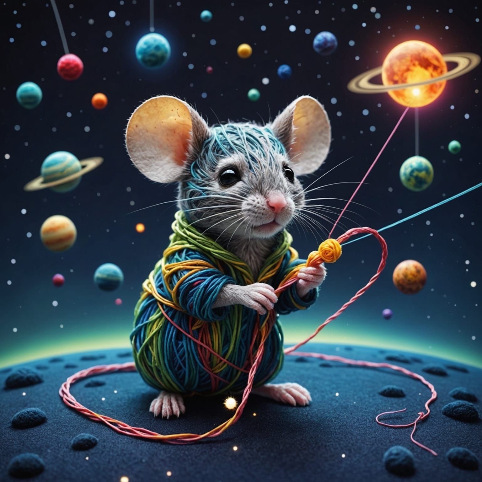 Hyperrealistic Chibi Mouse Plays Under Northern Lights