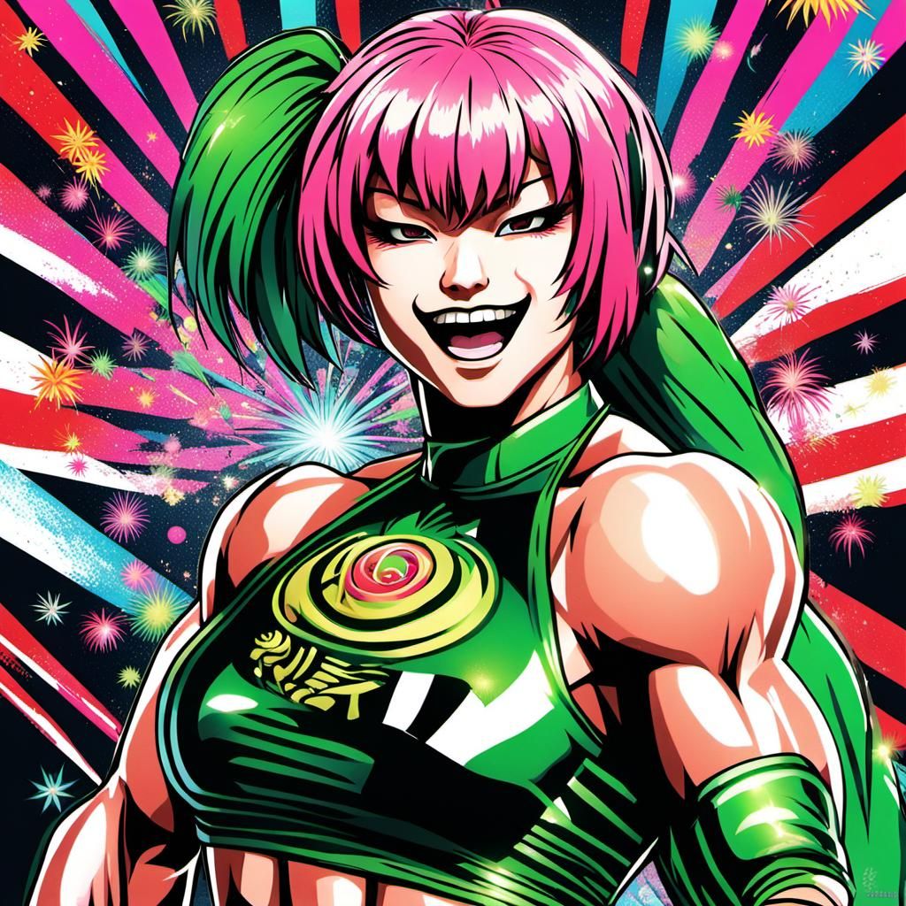 Anime Woman Pro Wrestler Celebrates Victory
