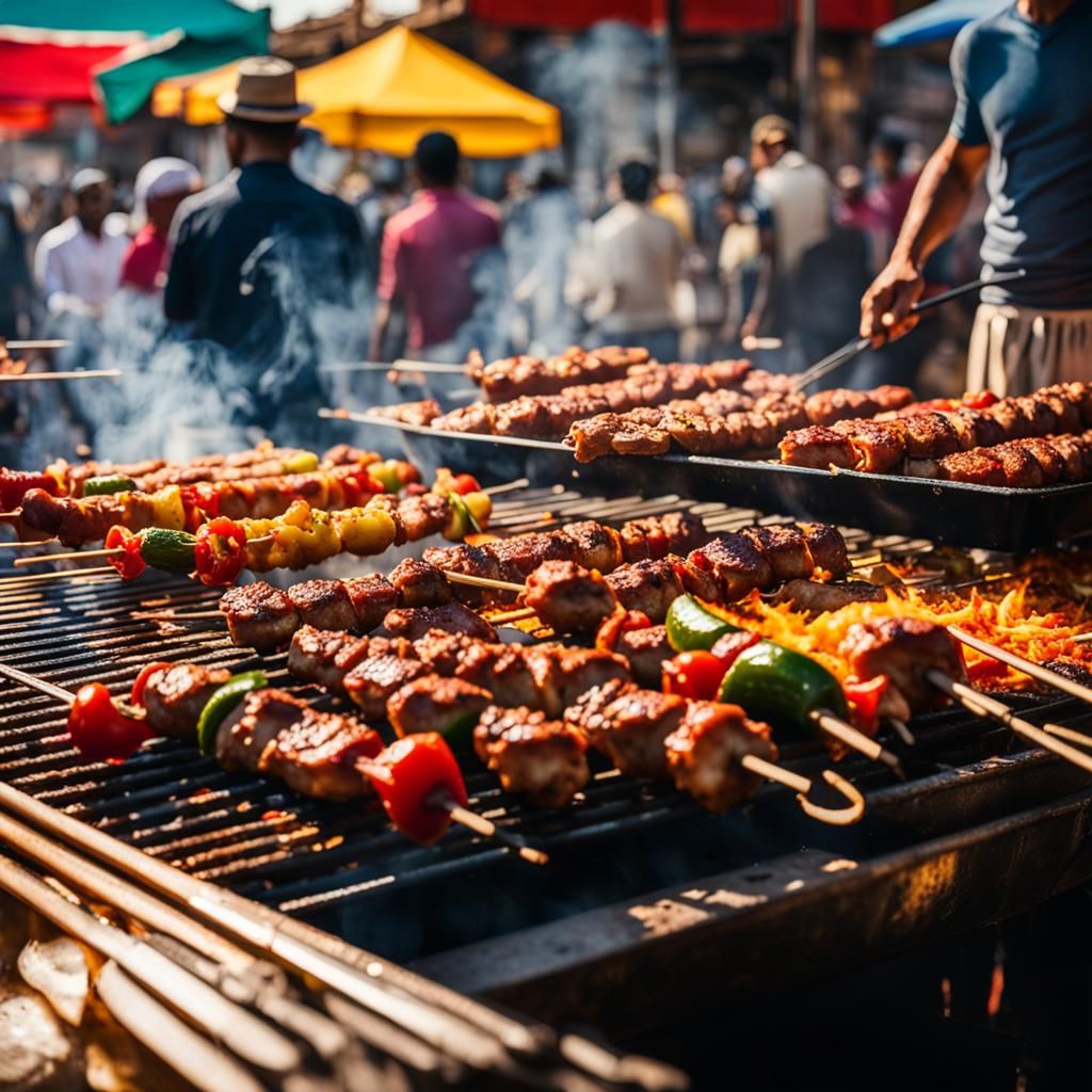 Sizzling Kebabs on a Vibrant Street Cart