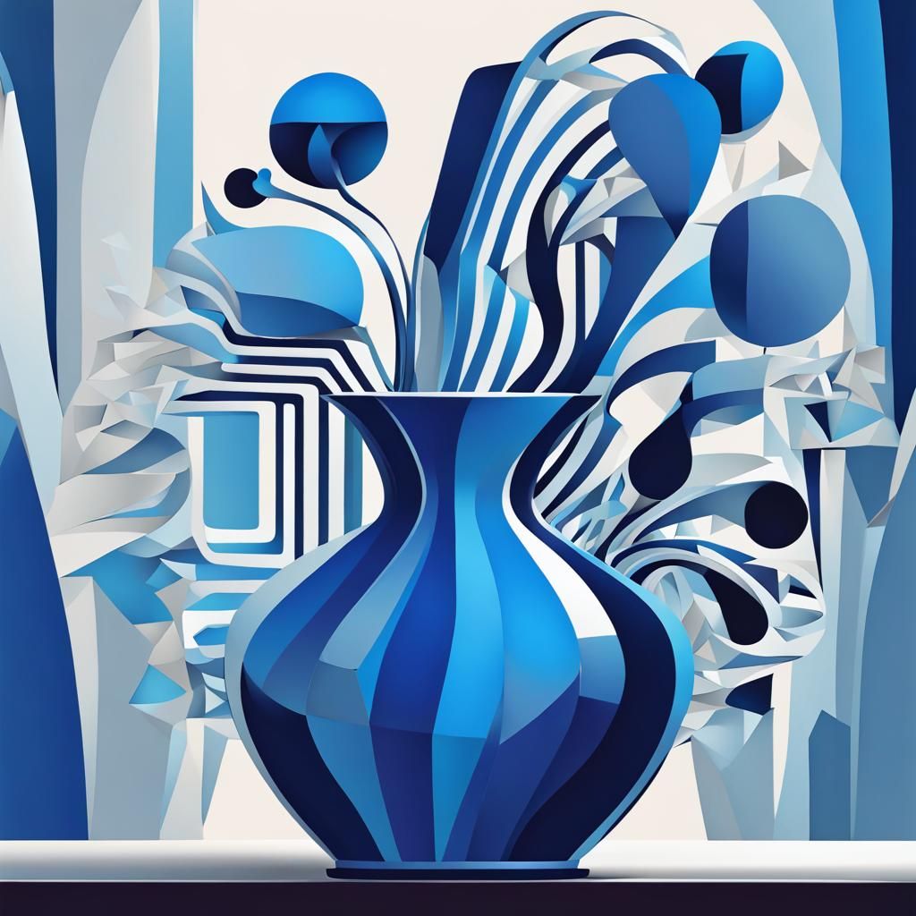Abstract Blue Flowers in Geometric Cubist Style