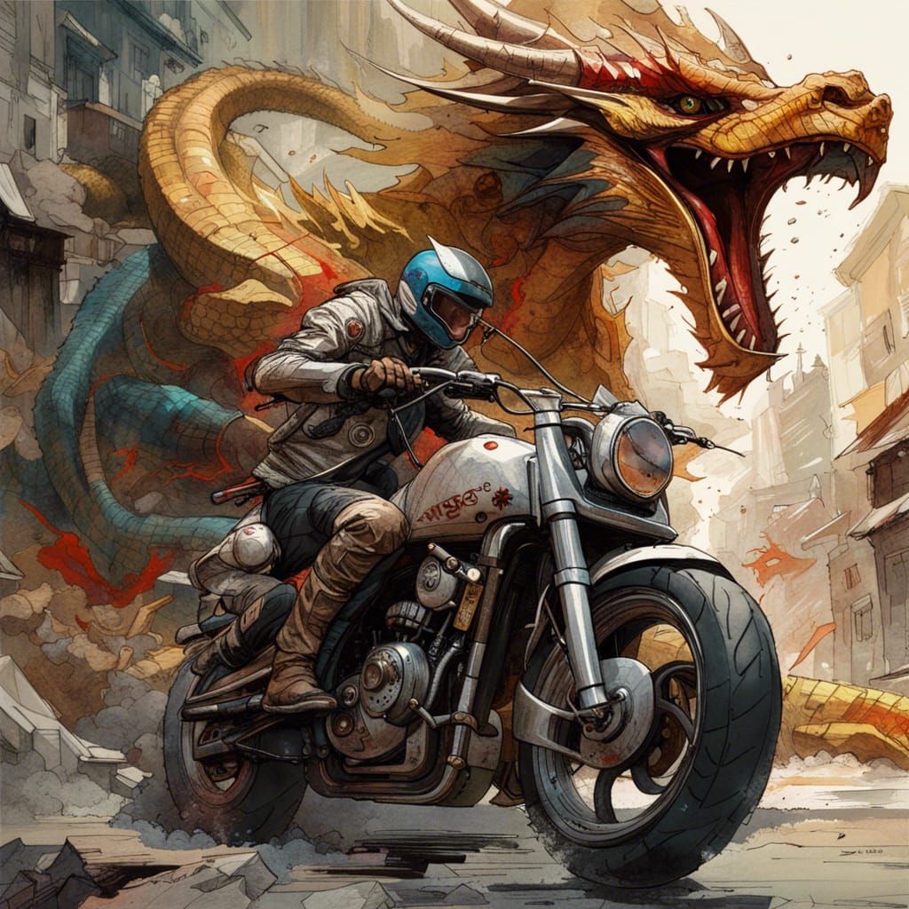 Motorcycle Dragon Chase: Polychromatic Digital Art