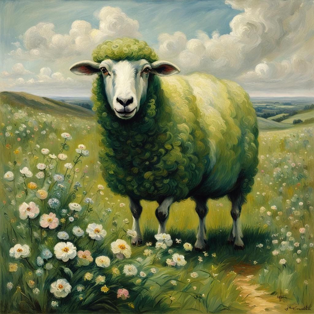 Magical Green Sheep with Flowers, Romantic Oil Painting