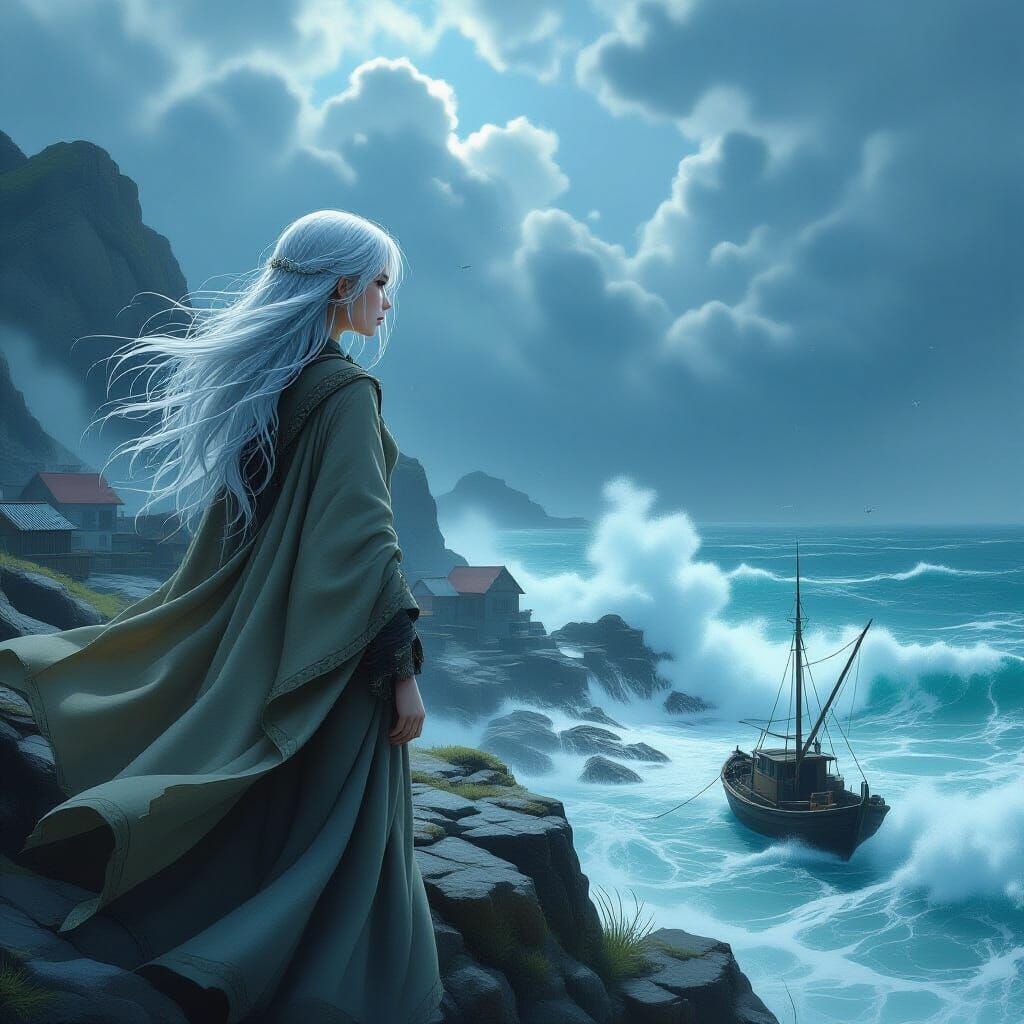 Ethereal Woman Overlooking Stormy Seashore in Dark Fantasy S...
