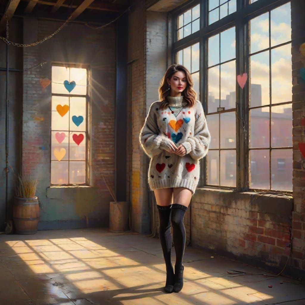Elegant Woman in Furry Sweater in Vintage Warehouse