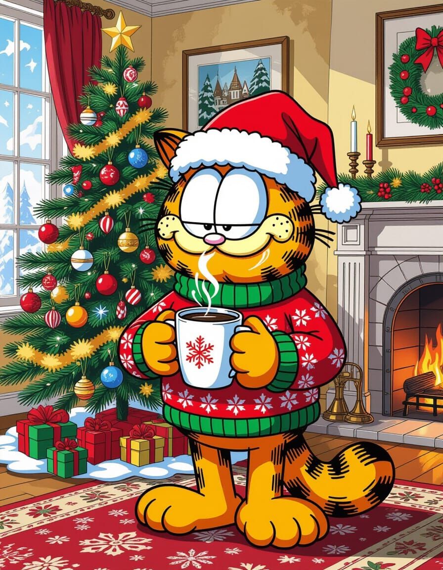 Garfield Christmas Living Room Scene in Comic Art Style