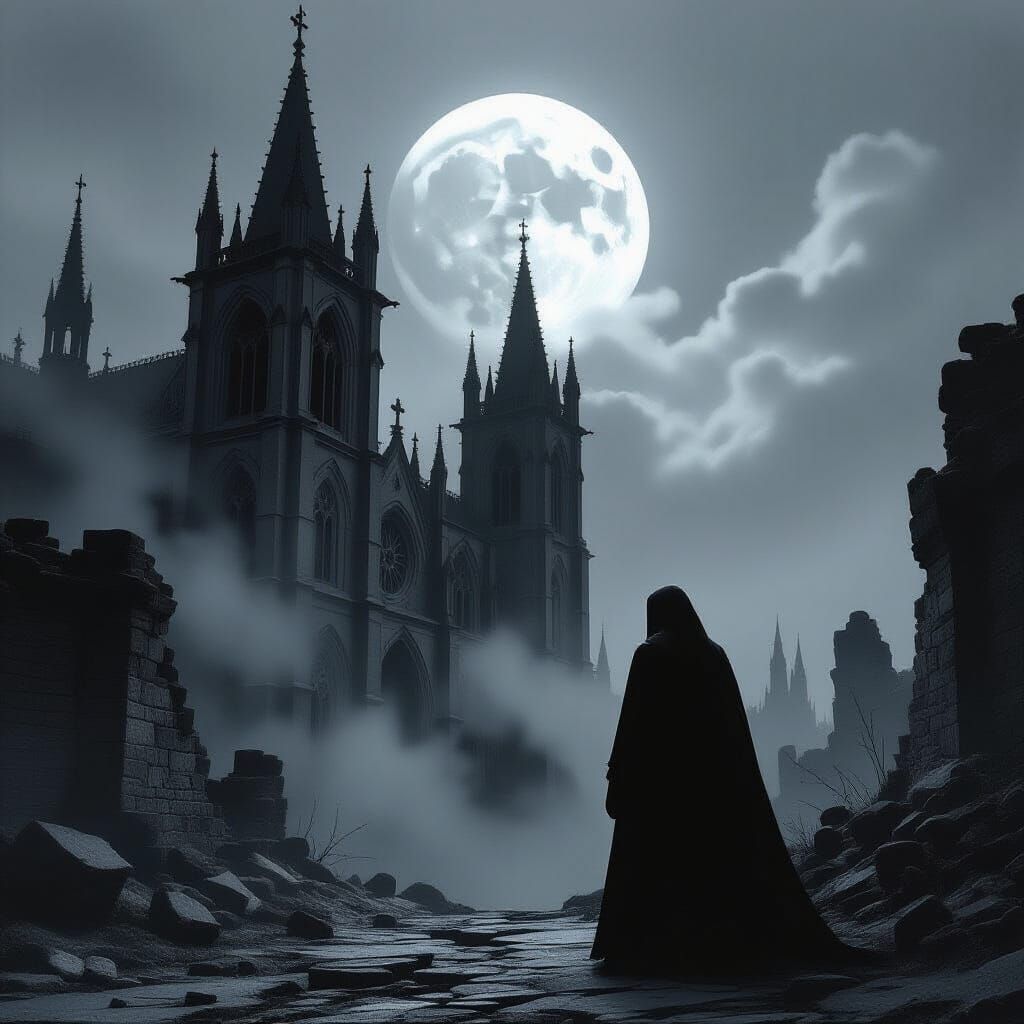 Gothic Architecture Figure in Stark Black and White Photogra...