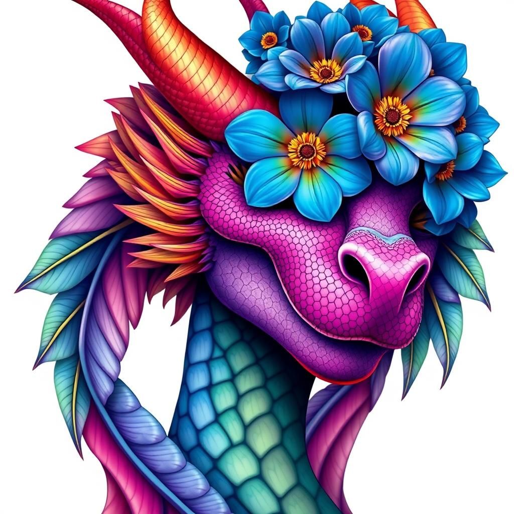 Dragon Feathered Woman with Rainbow Skin and Flower Crown