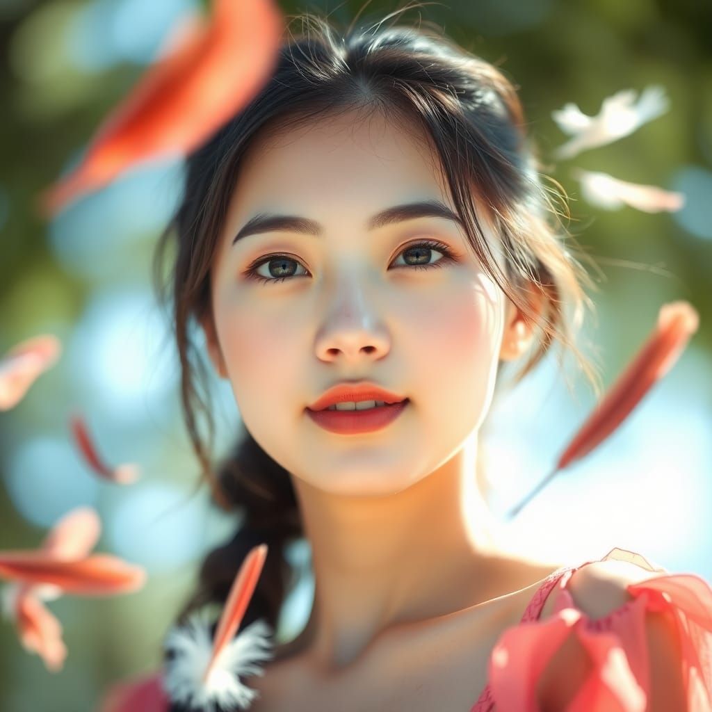 Dreamlike Portrait of a Young Woman with Feathers