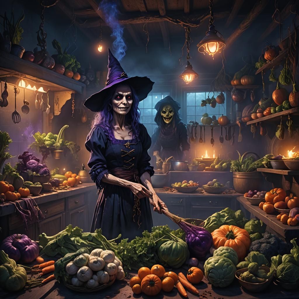 Eerie Witch Surrounded by Menacing Vegetables