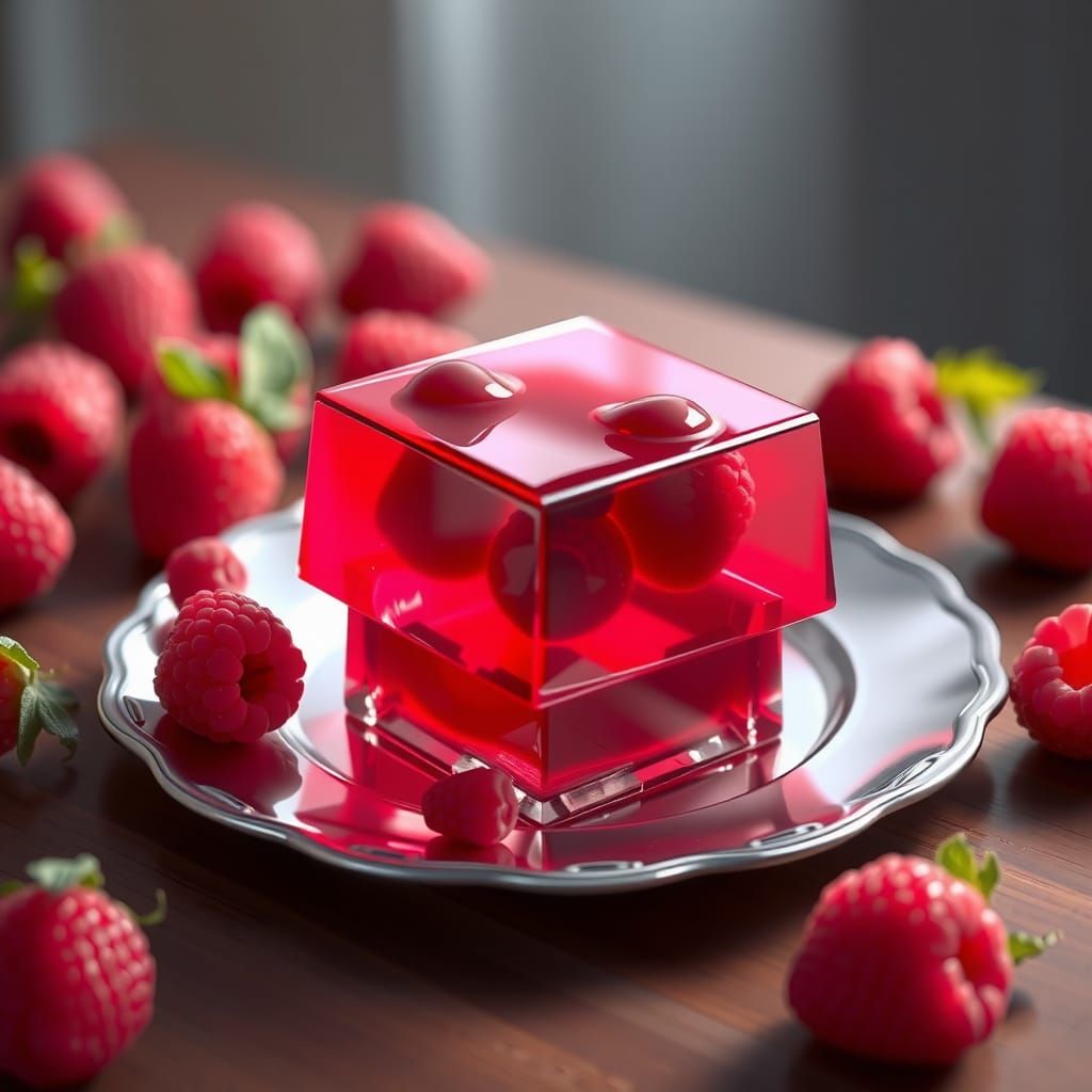 Delicious Raspberry Jelly Cube on Silver Platter
