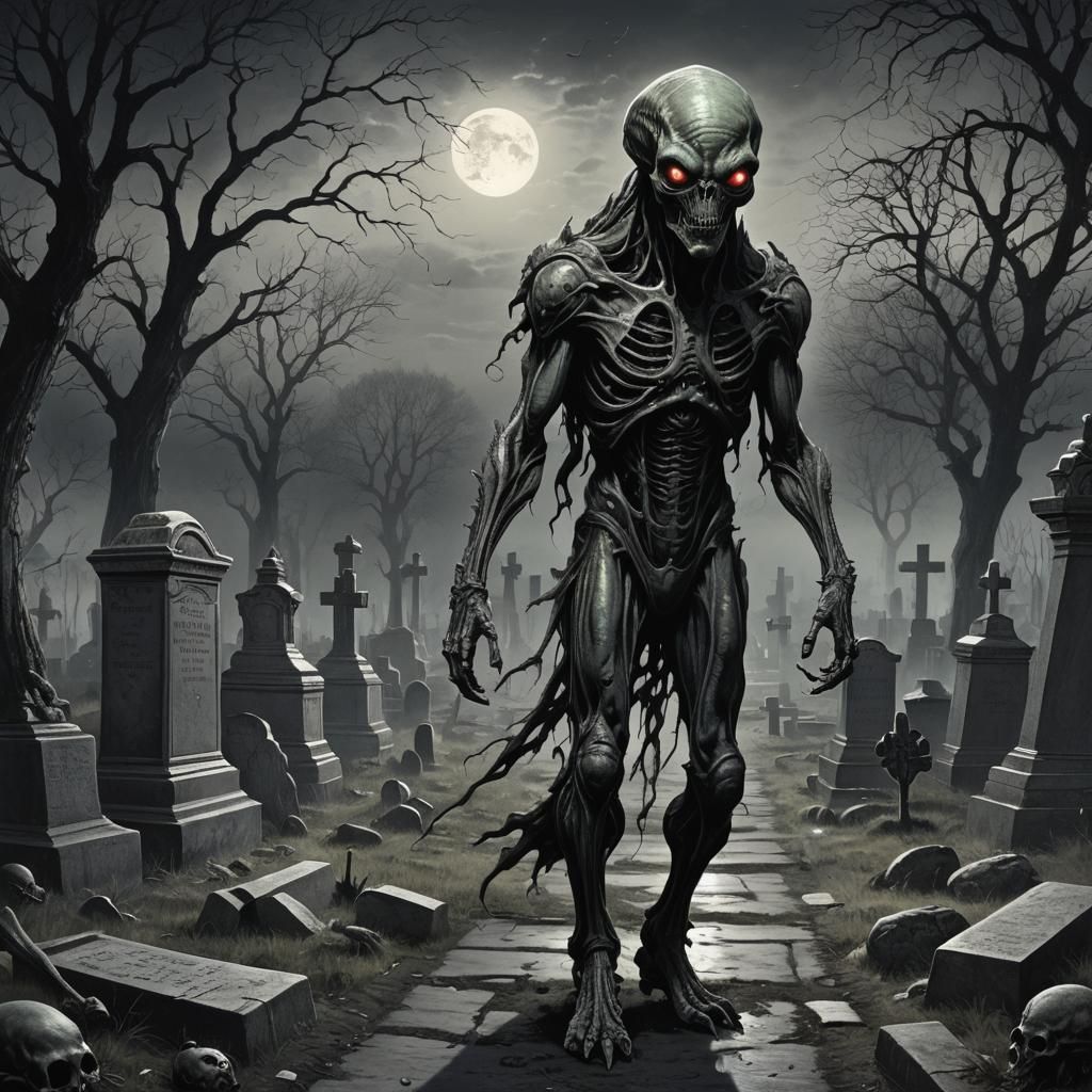Alien Creature Walks Cemetery at Night: Horror Illustration