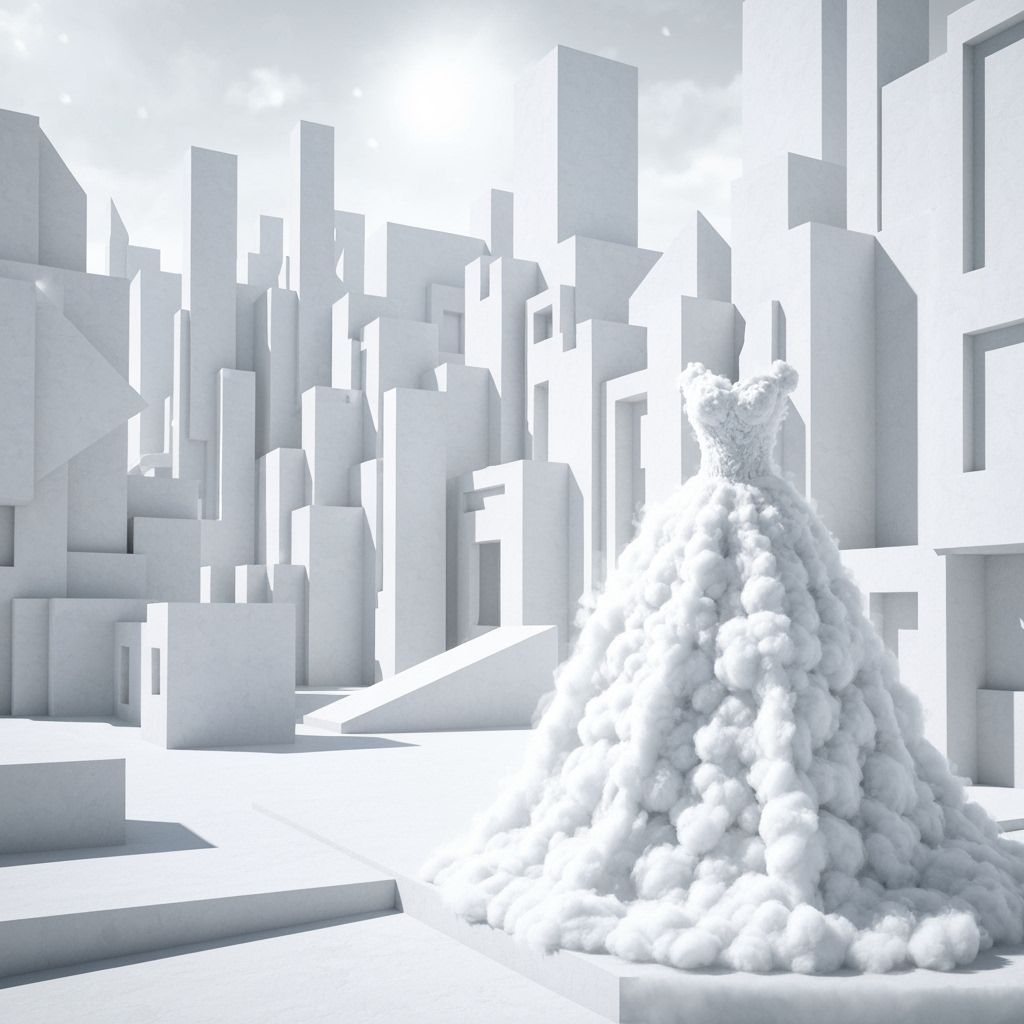 Cubist Cityscape with Vaporous Bridal Dress
