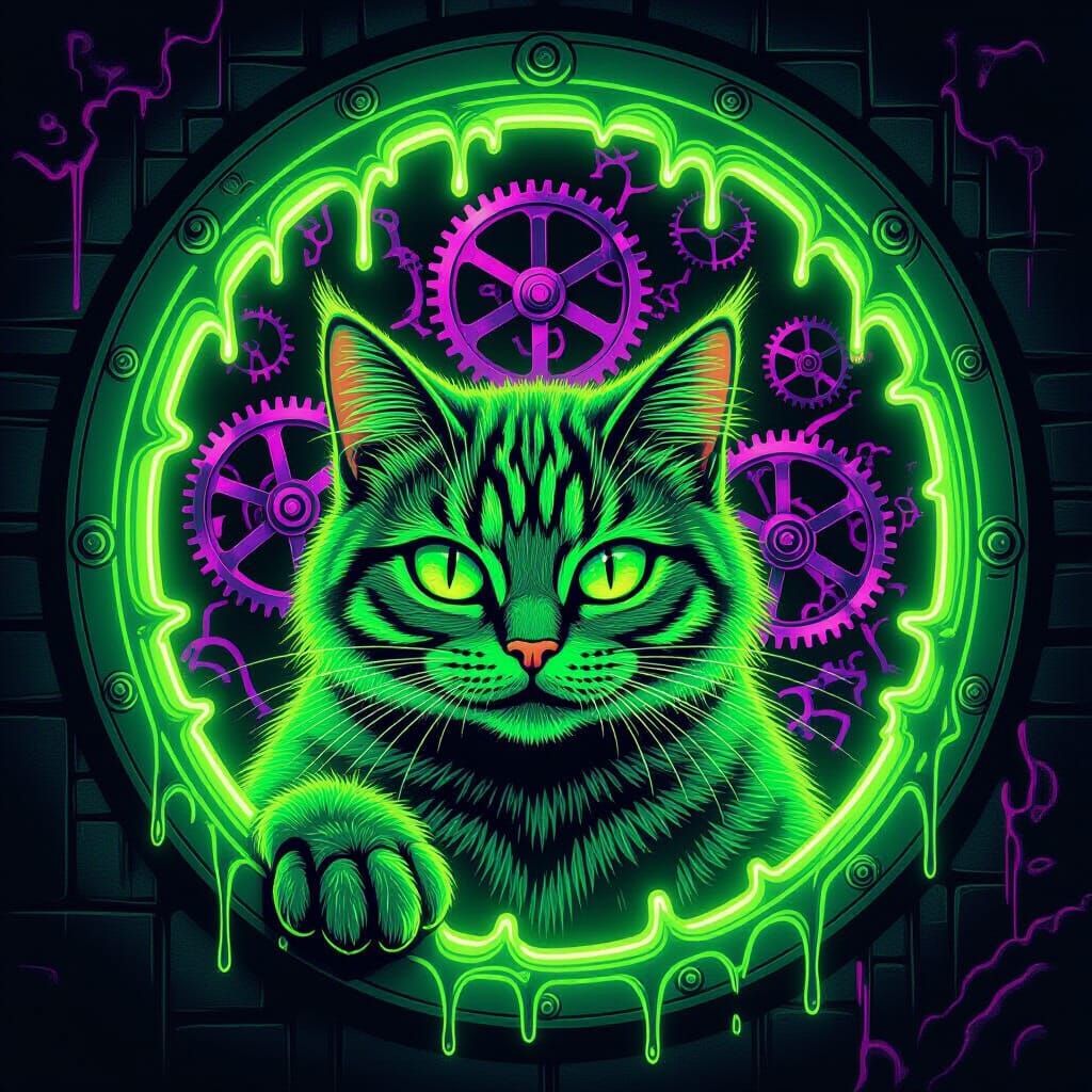 Neon Green Cat Through Keyhole in Psychedelic Scene