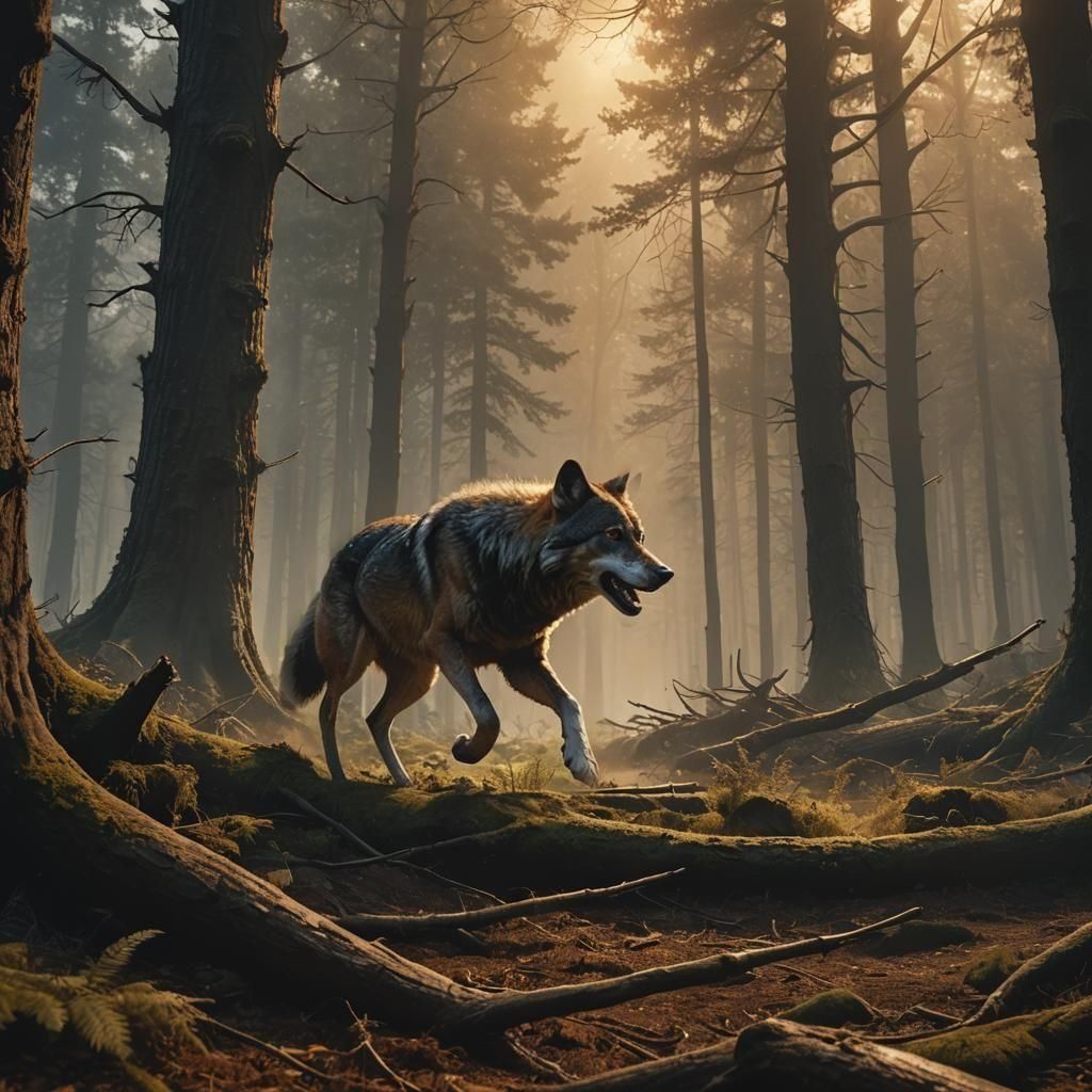 Epic Wolf Chase in Detailed Forest Painting