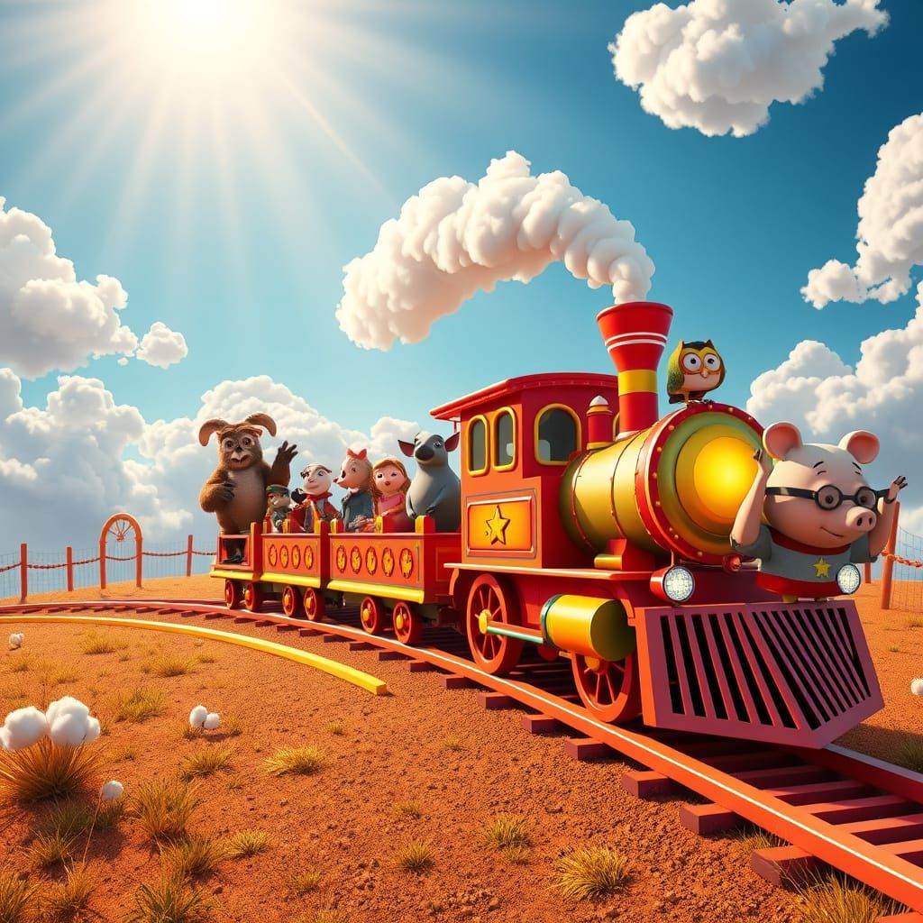 Whimsical Circus Train Chugs Through Rainbow Sky