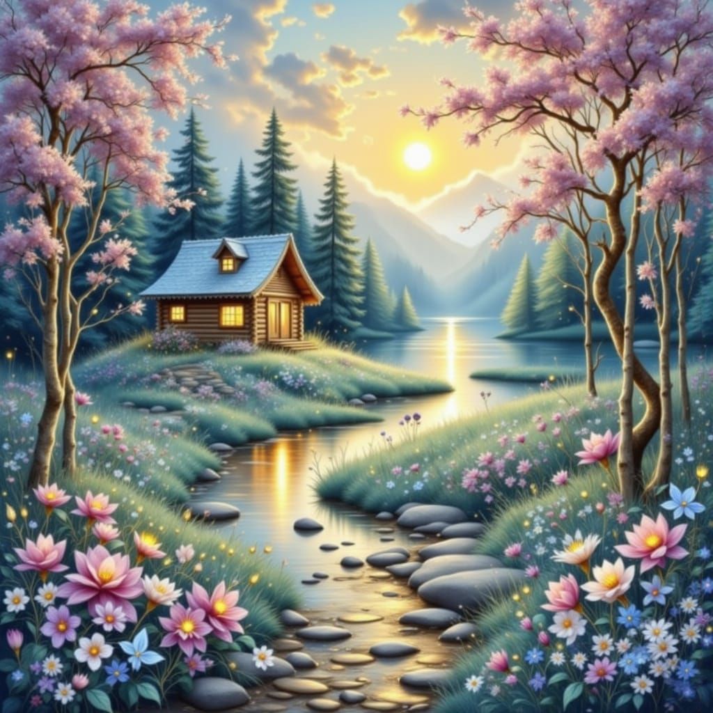 Peaceful Countryside Landscape with Log Cabin and Rivers