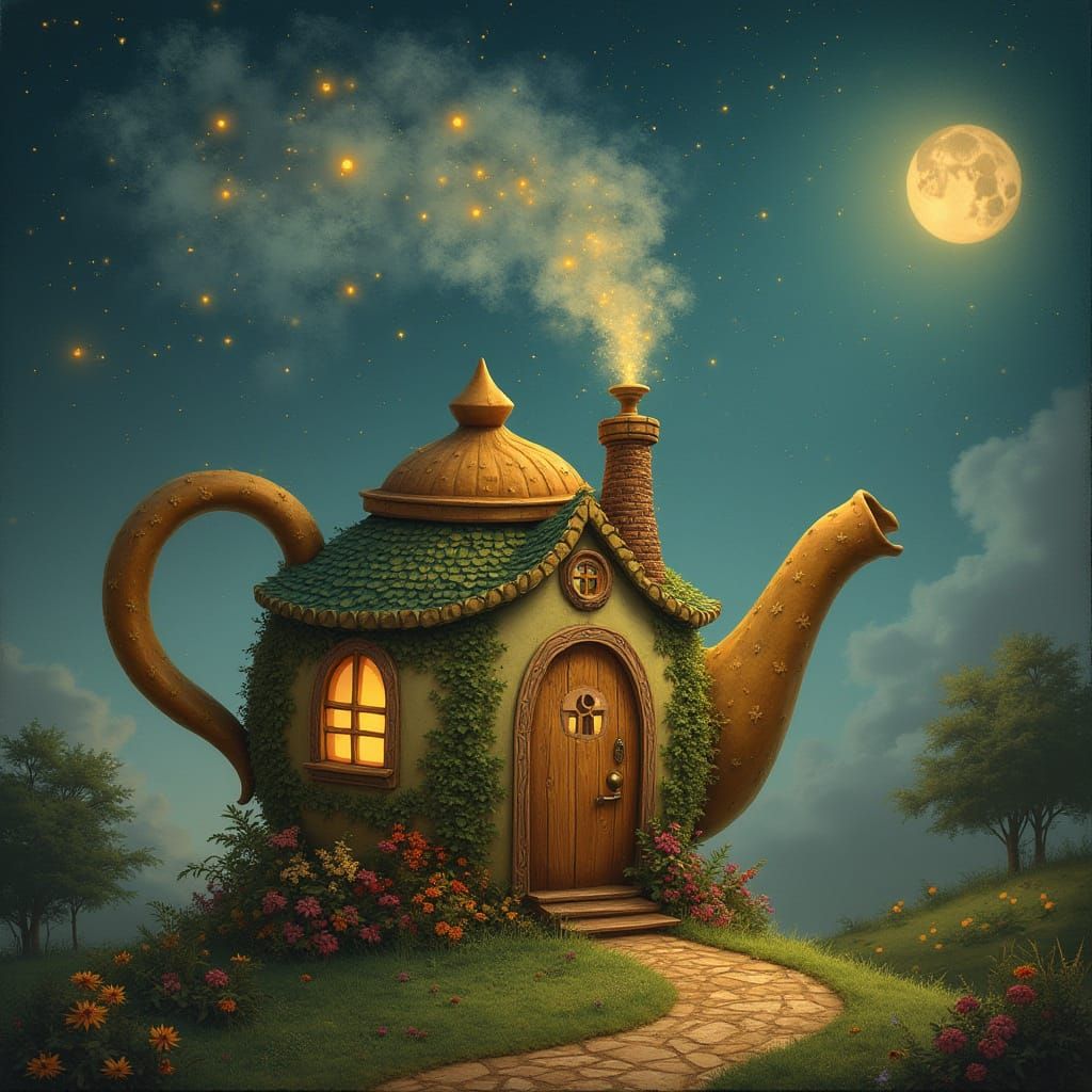 Whimsical Teapot House under a Moonlit Sky with Constellatio...