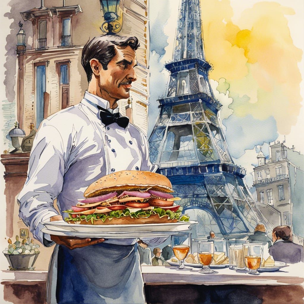 French Waiter Balances Tower Sandwich: Watercolor Art
