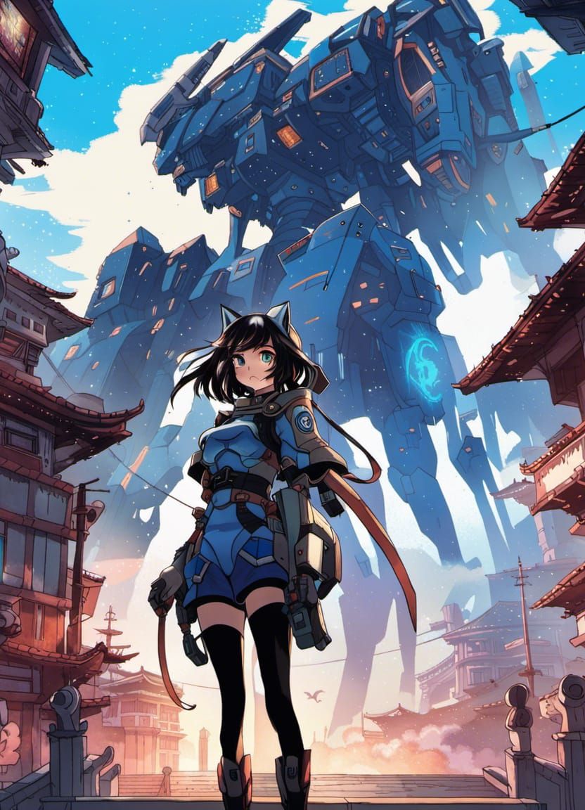Cat-Girl Mecha Pilot in Wasteland: Ukiyo-e Anime Art