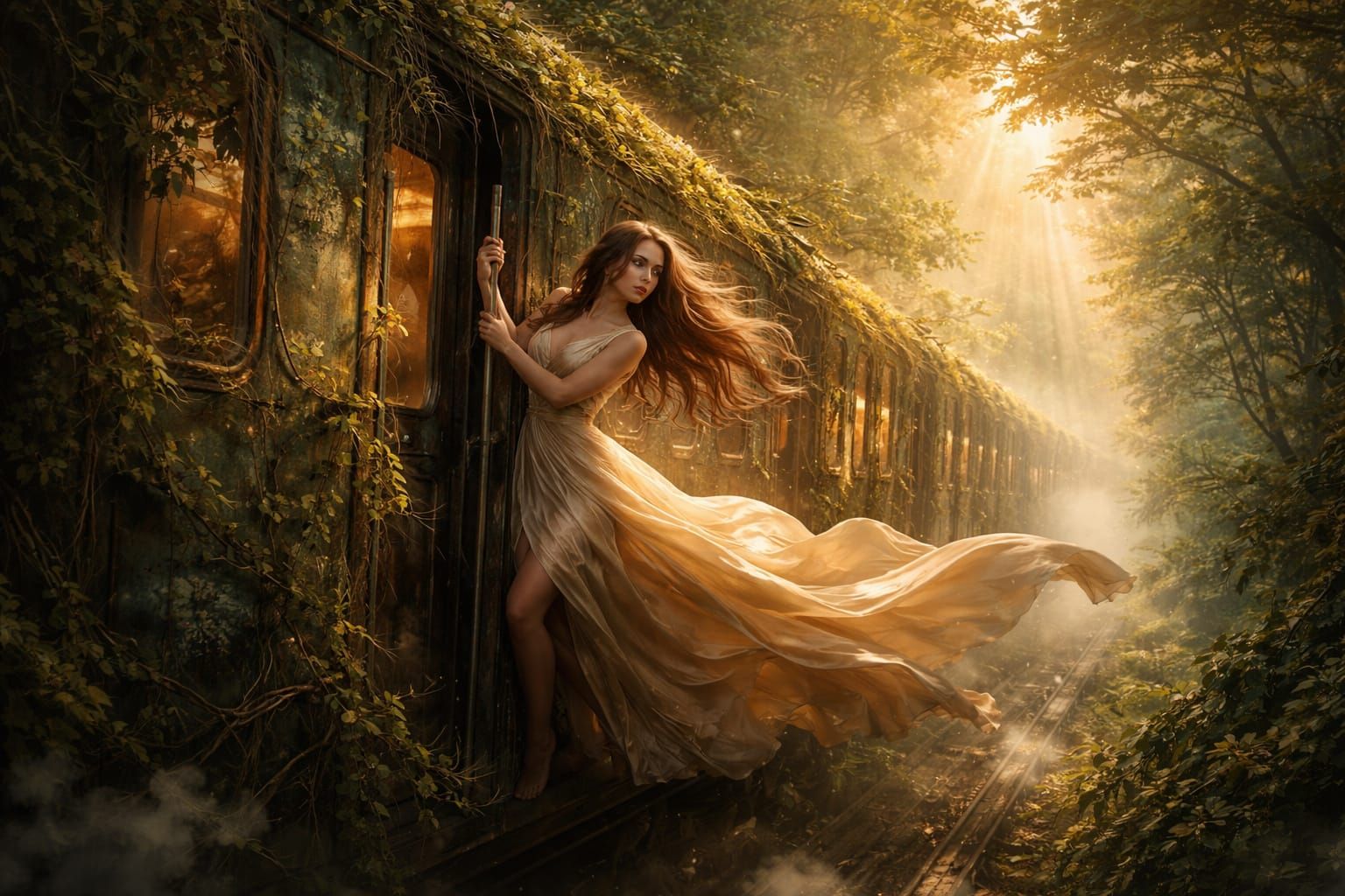 Woman on Vine-Covered Train in Golden Light