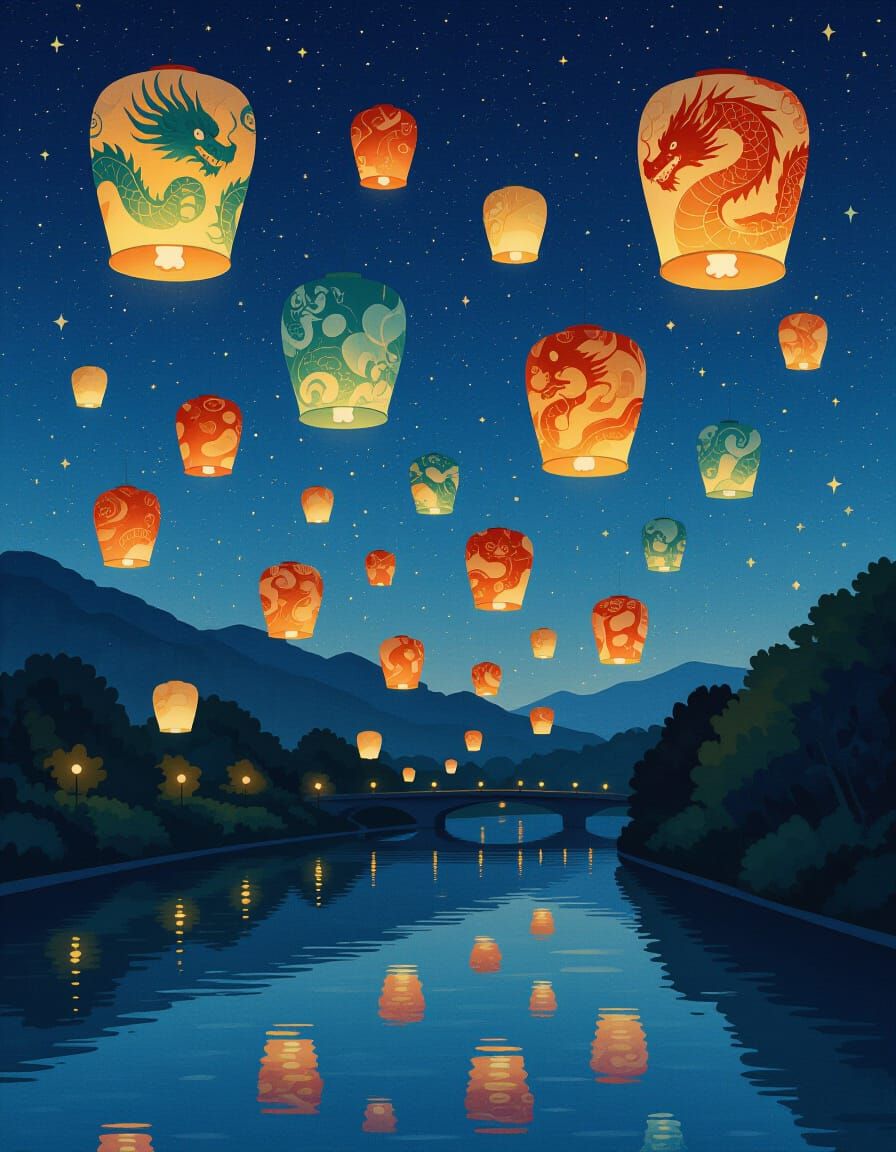 Fantasy Dragons on Floating Paper Lanterns