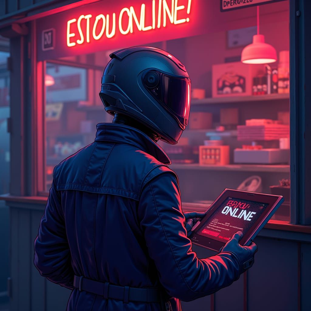 Motoboy Outside Sushi Restaurant with Tablet Message