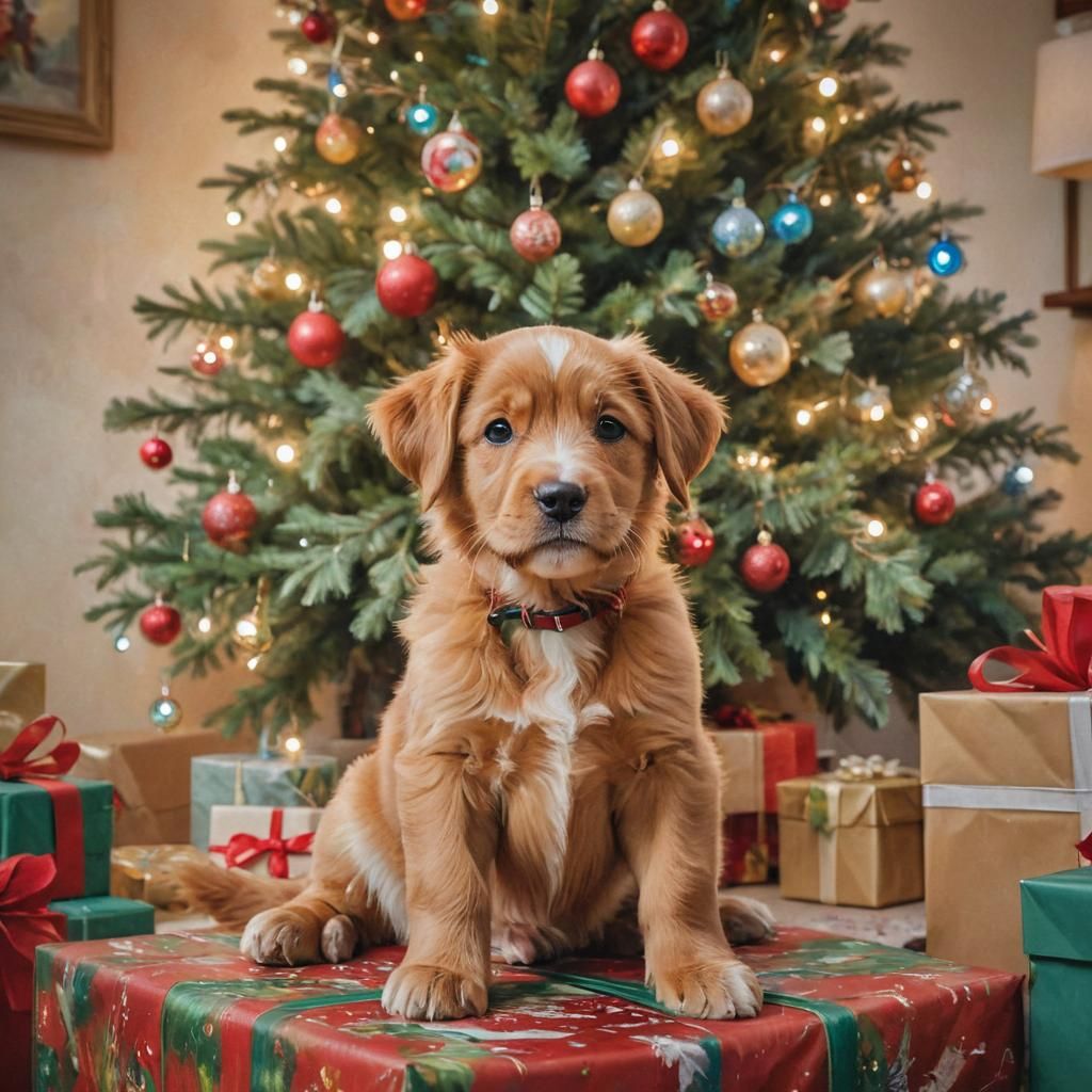 Festive Puppy's Christmas: An Impressionist Oil Painting