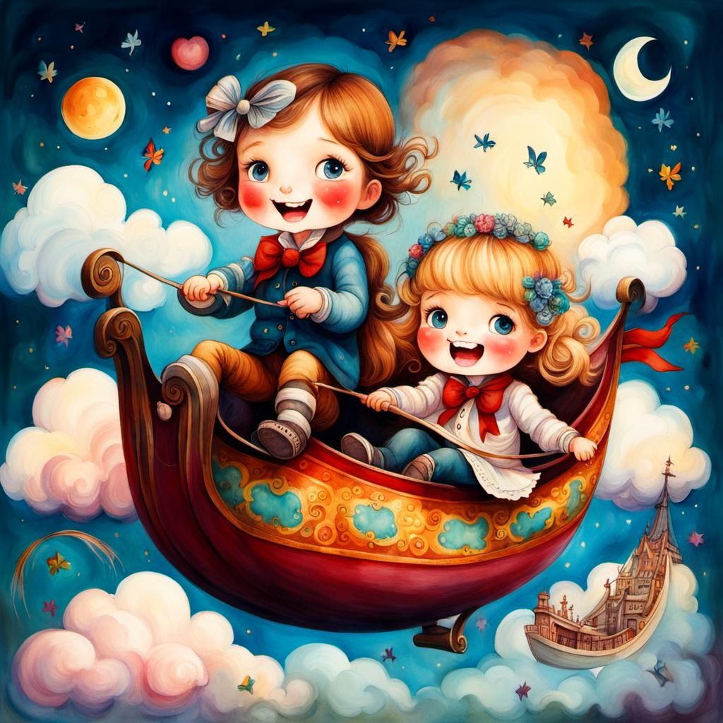 Children Play on Rainbow Slide: Naive Watercolor