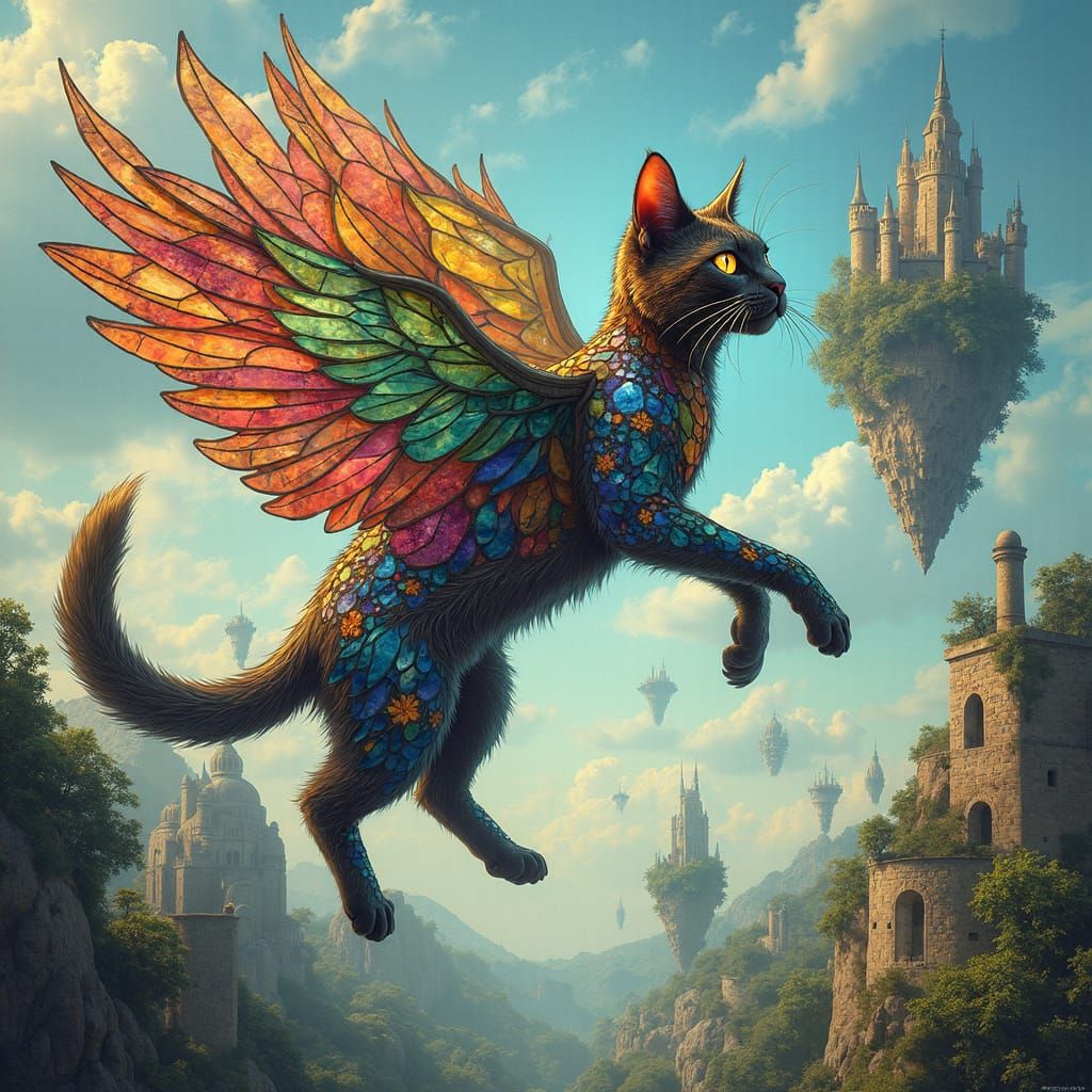 Whimsical Stained Glass Cat Soars Through a Sky of Floating ...