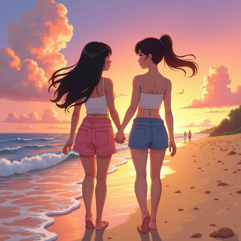 Anne and Marcy on the Beach: Ghibli-Inspired Sunset