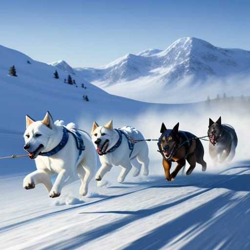 Dogs Pulling Sled Through Snow