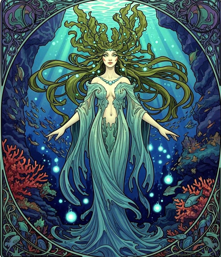 Water Spirit in Coral Grotto, Art Nouveau Style