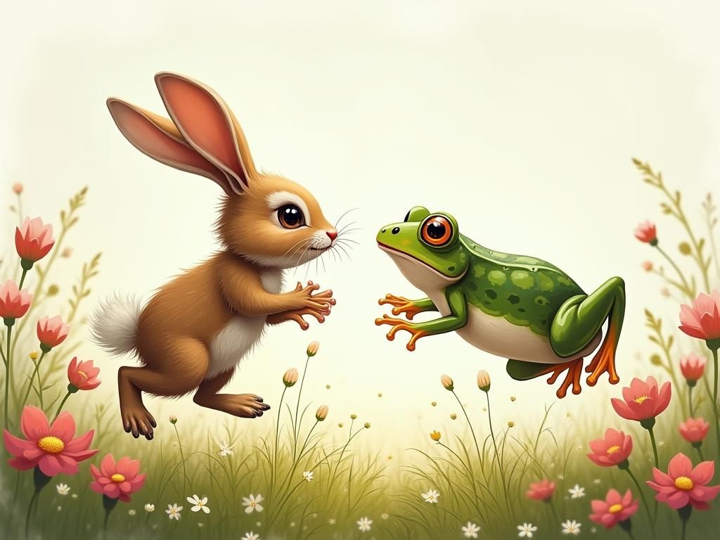 Rabbit and Frog Jumping Competition on Wildflower Meadow