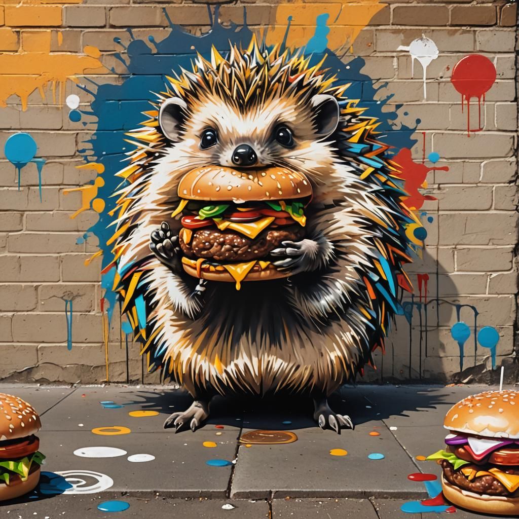 Hedgehog Burger Queue in Vibrant Graffiti Art