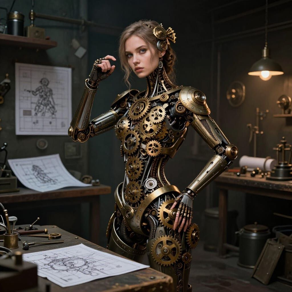 Steampunk Woman with Clockwork Body in Workshop