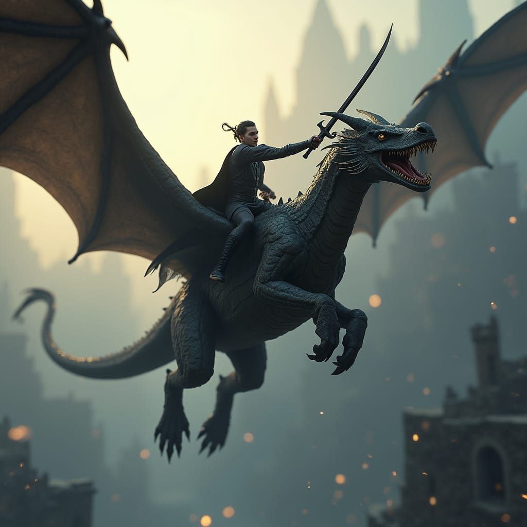 Elric of Melniboné Rides Dragon Through Cityscape