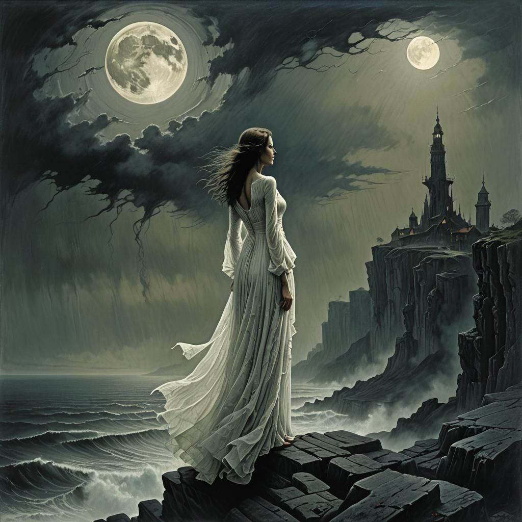 Woman on Cliff Edge in Dark Surrealism Style