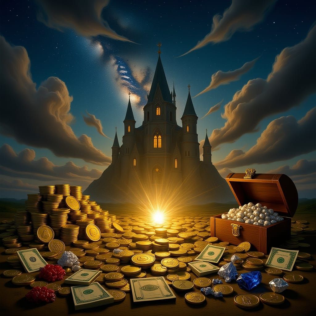 Grand Castle Floating in Starry Sky, Ethereal Light