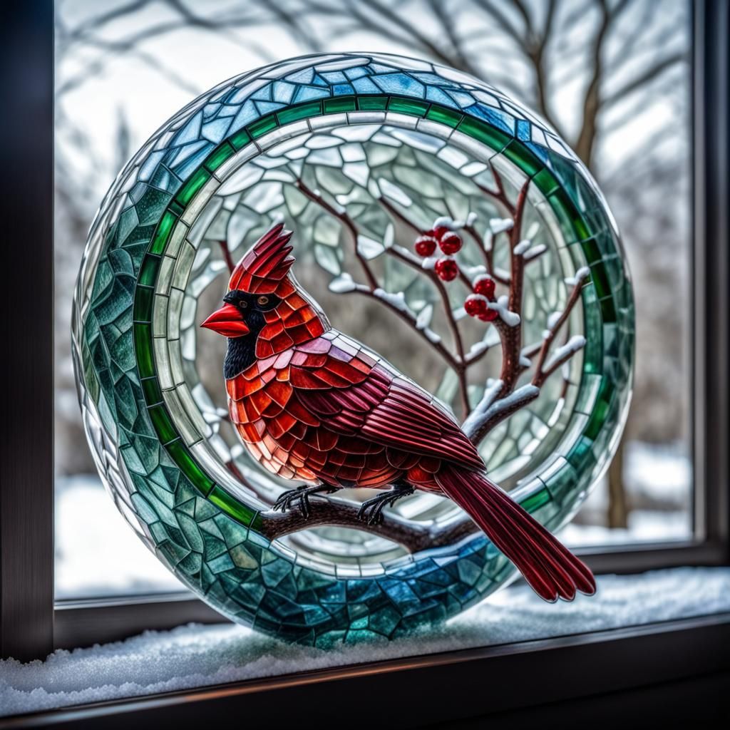 Stained Glass Cardinal Sculpture in Winter Light