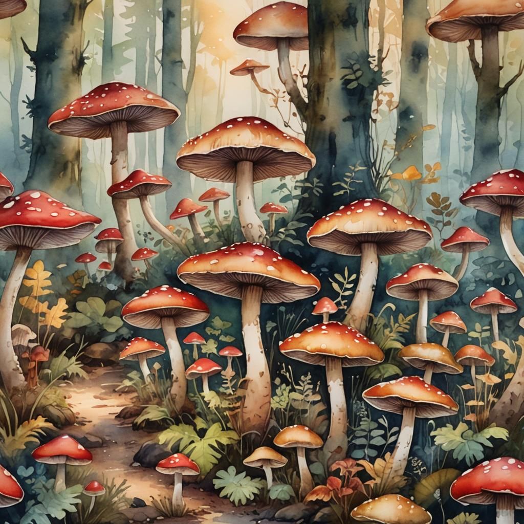 Large Edible Mushrooms in Watercolor Forest
