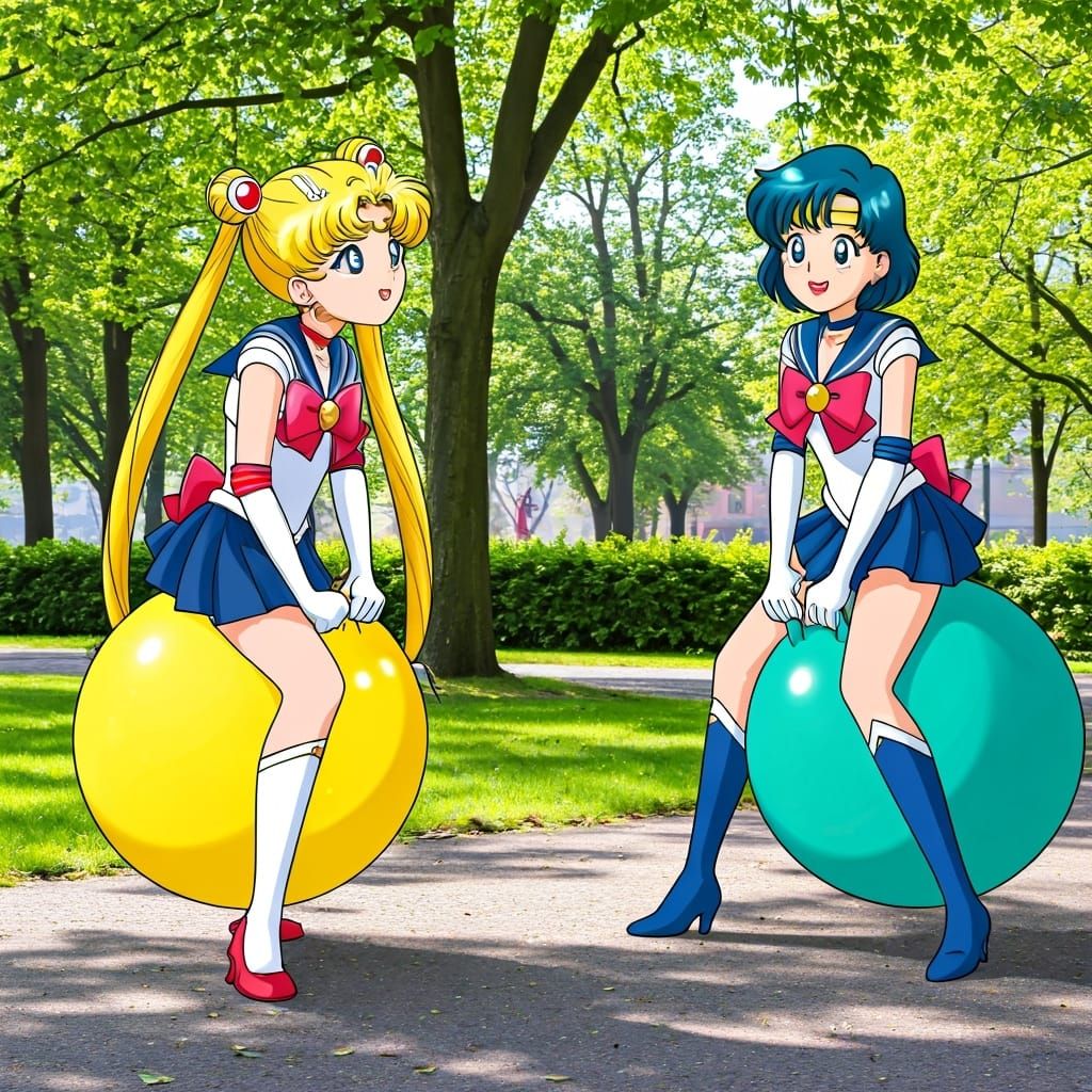 Sailor Moon and Mercury Bouncing on Hopper Balls