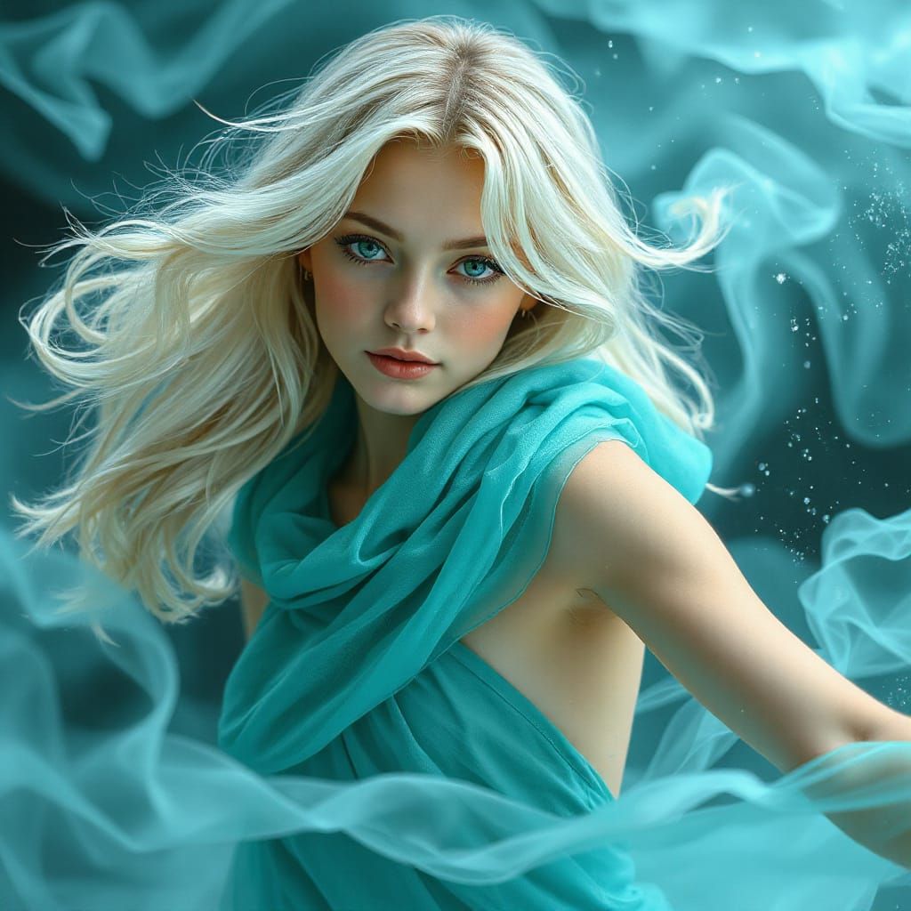 Turquoise Dream: Ethereal Woman Dancing in Mist