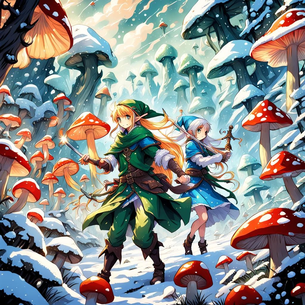 Anime Battle: Fairy and Elf in Snowy Mushroom Forest
