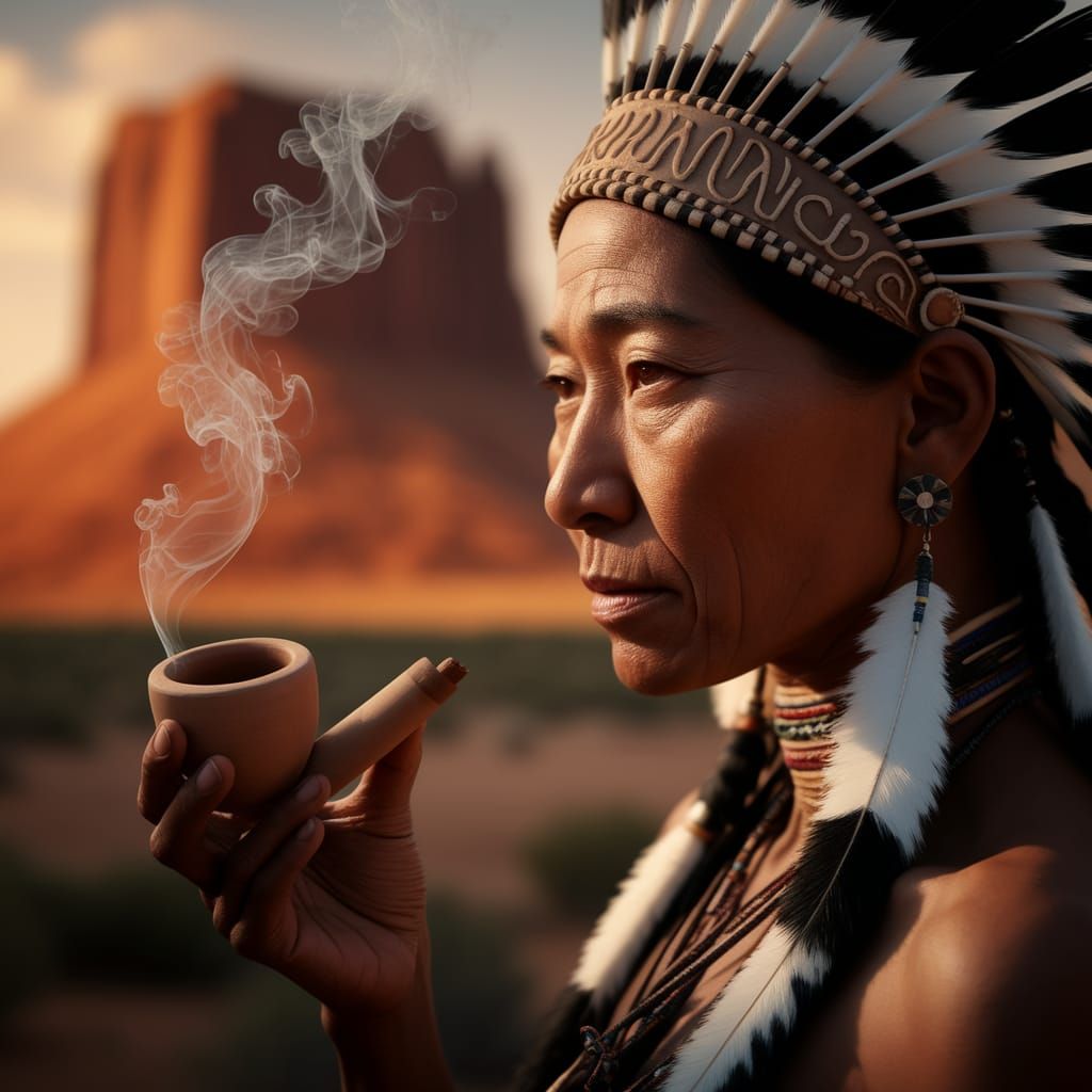 Native American Woman with Clay Pipe in Vintage Style