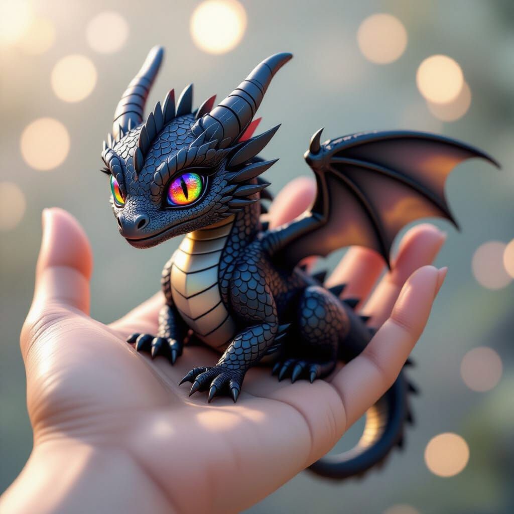 Miniature Black Dragon on Human Hand: Detailed 3D Render