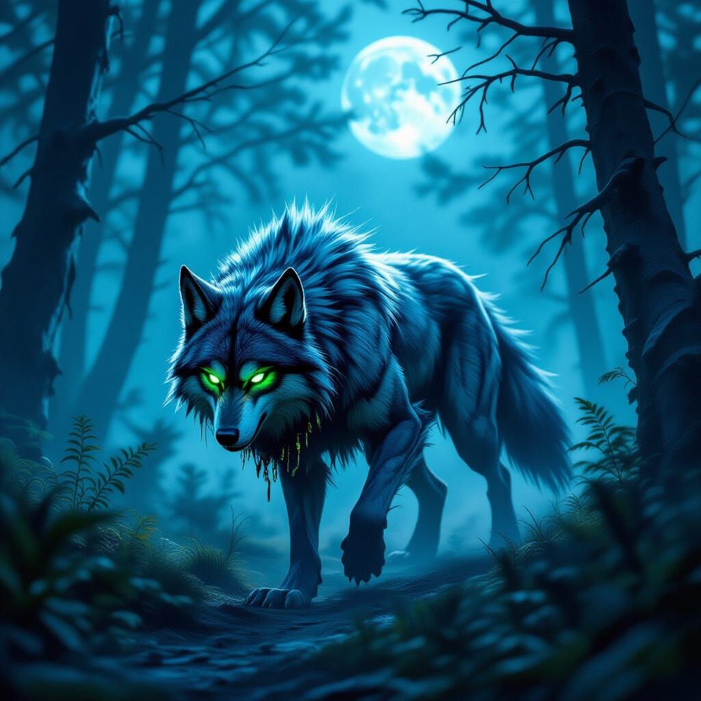 Skinwalker Wolf Creature in Moonlit Forest