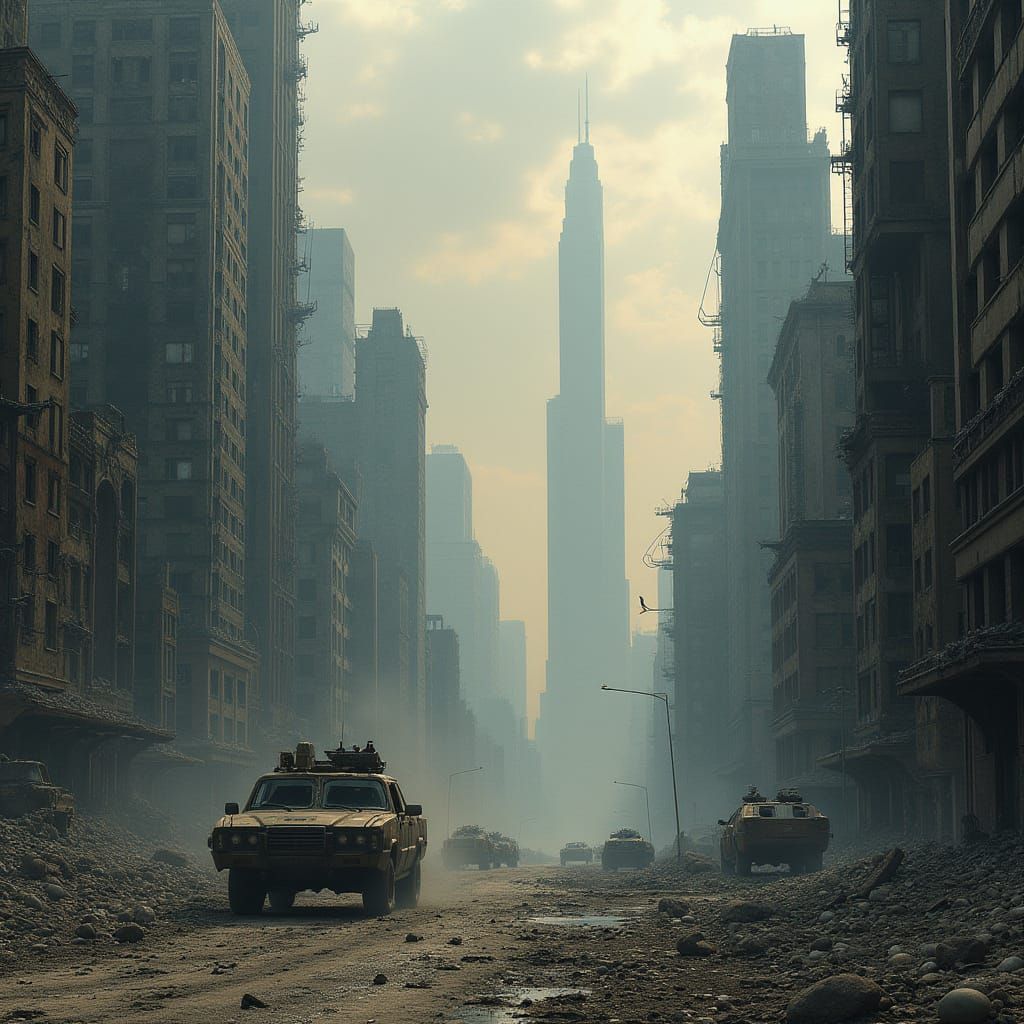 Dystopian Apocalypse: Crumbling Cityscape in a Dark, Post-Ap...