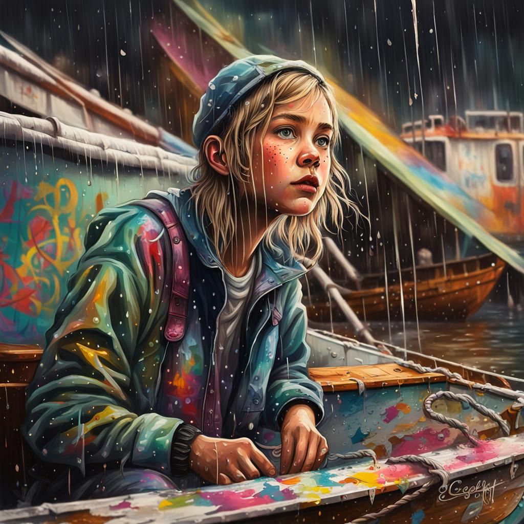 Girl in Sailboat in Rain, Graffiti Art Style